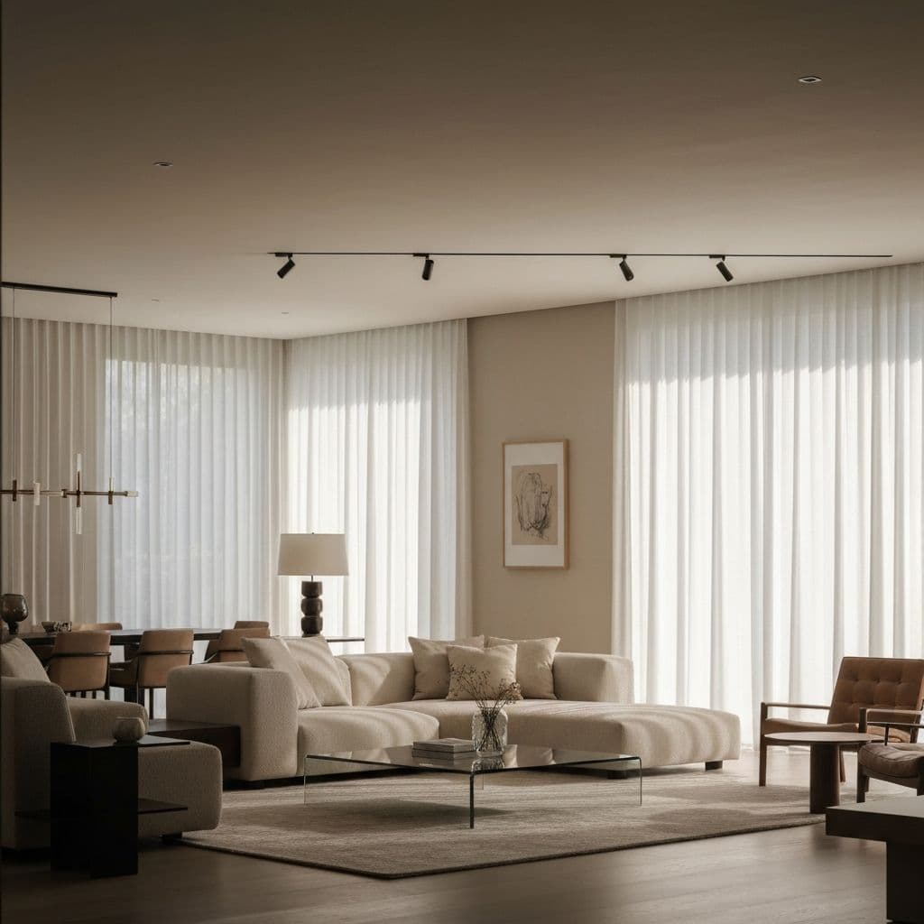 Interior moderno com persianas e cortinas feitas sob medida